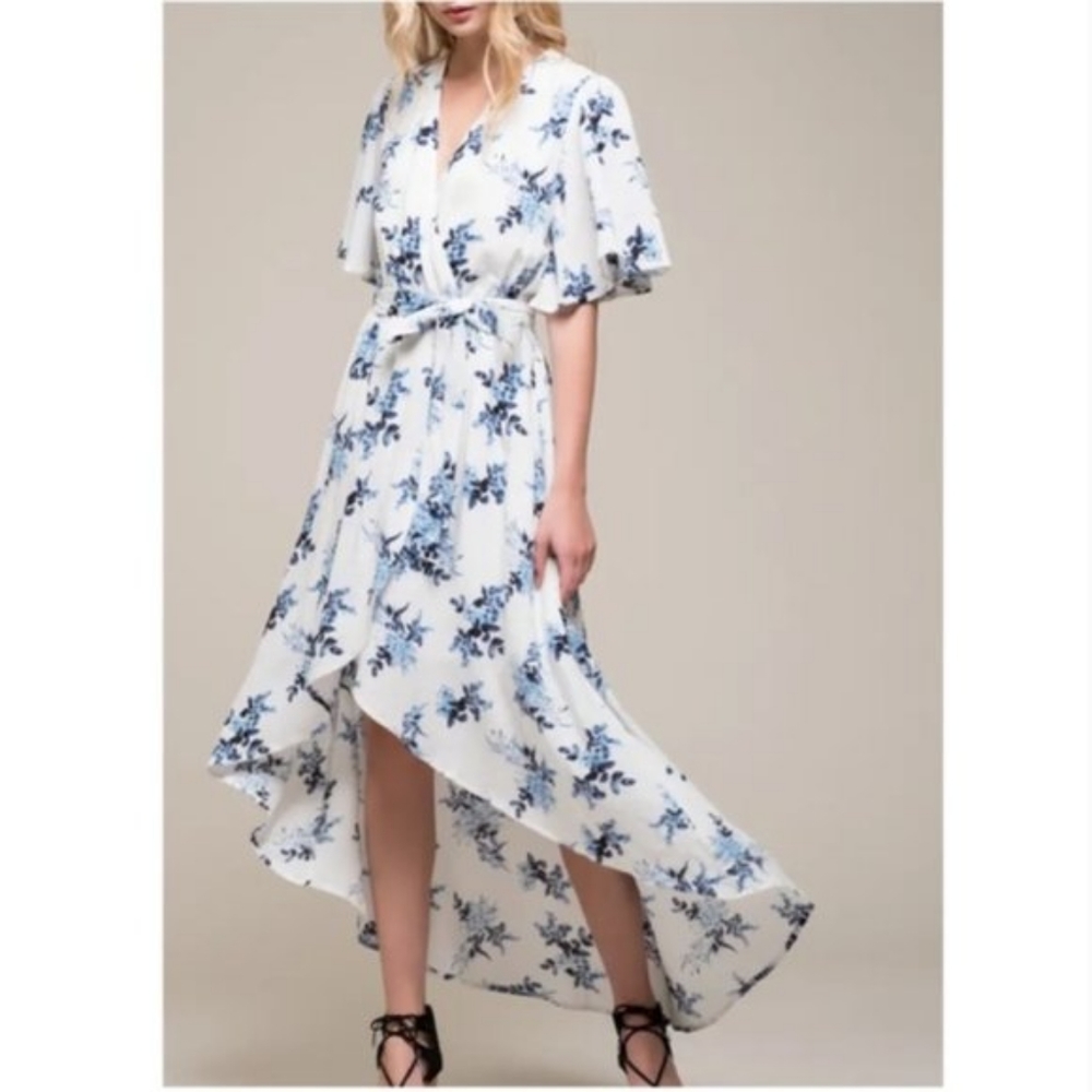 Moon River At Anthropologie Blue White Floral Maxi Dress SZ M